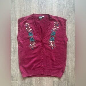 The Limited Red V-Neck Sweater with Floral Embroidery